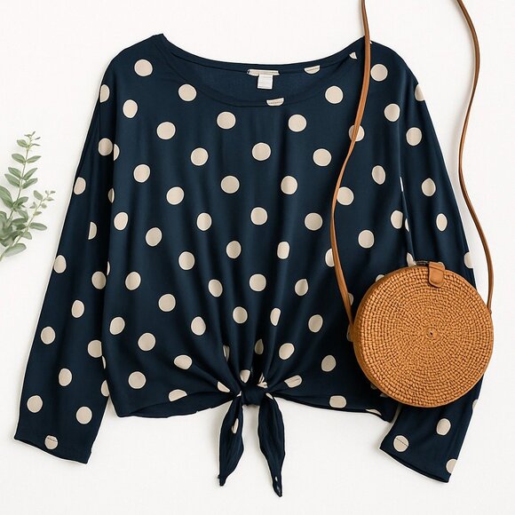 Billabong Black Polka Dot Tie Front Blouse Long Sleeve Boho Coastal Top Womens L - Picture 1 of 15